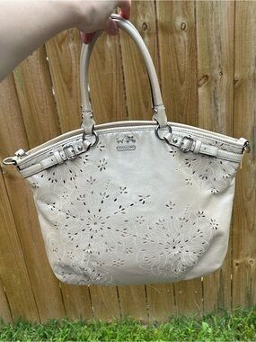 Rare COACH Women's Laser-Cut Leather Tote Bag in Light Beige